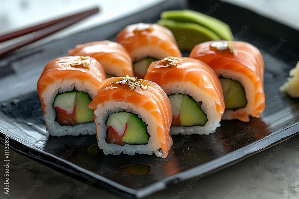 Salmon and Avocado Sushi Rolls with Soy Sauce Salmon and Avocado Sushi Rolls with Soy Sauce