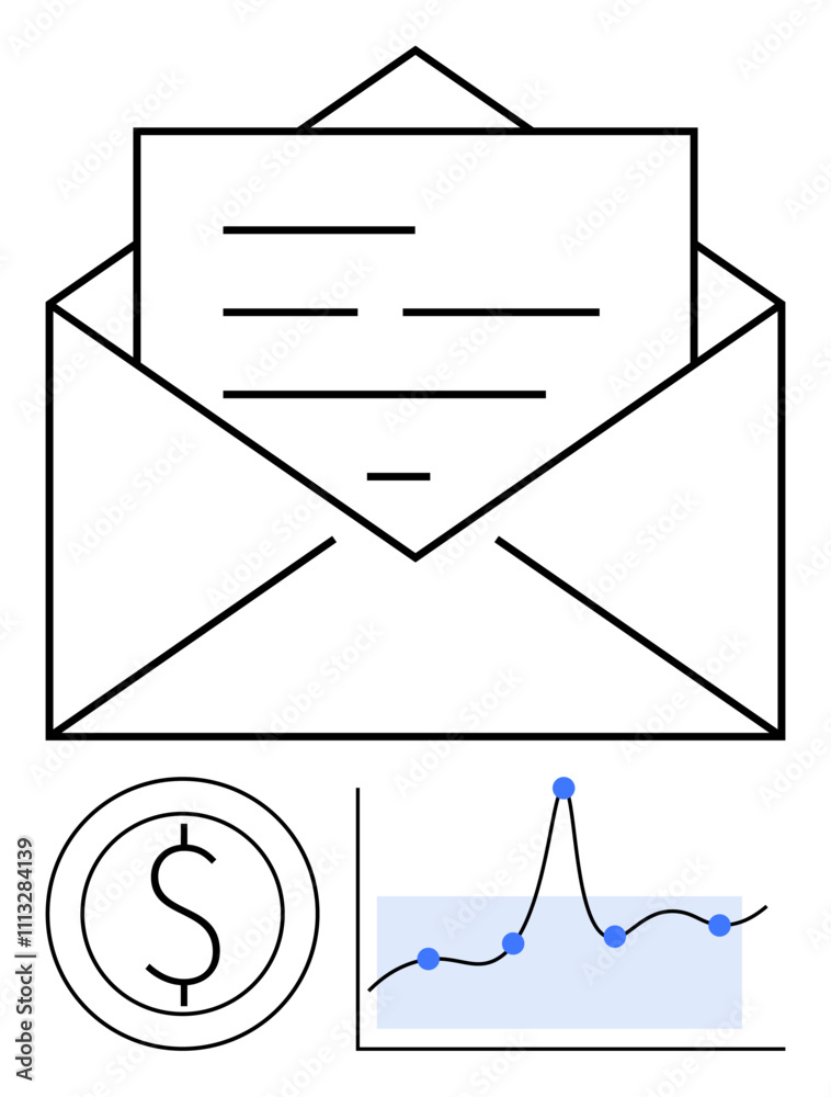 Envelope with letter dollar symbol line chart with data points. Ideal for finance, communication, data analysis, email marketing, economics, business trends, reporting. Line metaphor Envelope with letter dollar symbol line chart with data points. Ideal for finance, communication, data analysis, email marketing, economics, business trends, reporting. Line metaphor