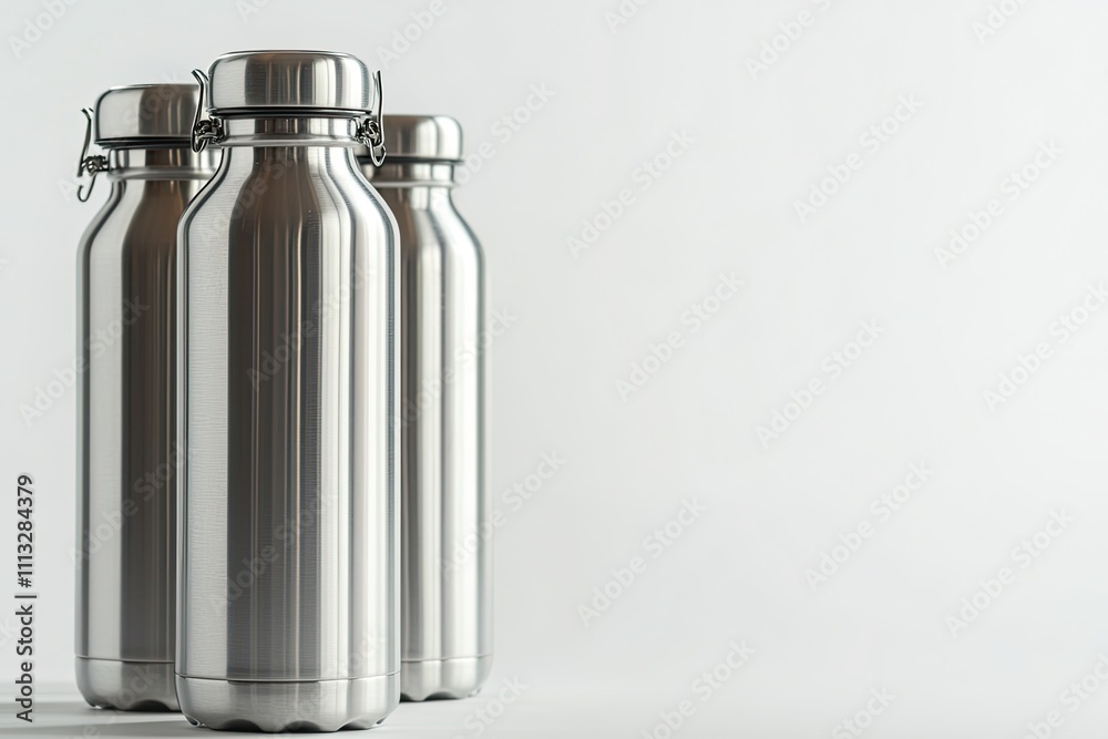 Reusable stainless steel water bottles isolated on a clean white backdrop Reusable stainless steel water bottles isolated on a clean white backdrop