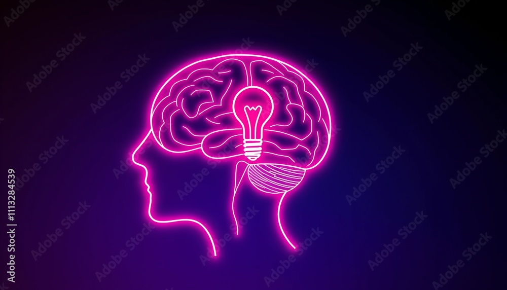 Neon Art: Human Head with Glowing Brain and Lightbulb Symbolizing Creativity