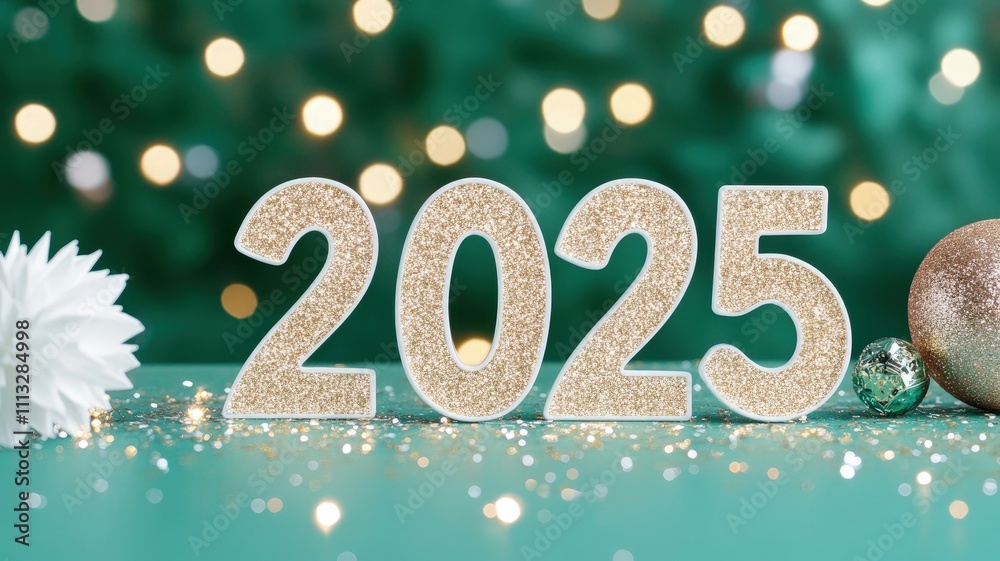 A festive display featuring the year 2025 with decorative elements against a blurred background. A festive display featuring the year 2025 with decorative elements against a blurred background.