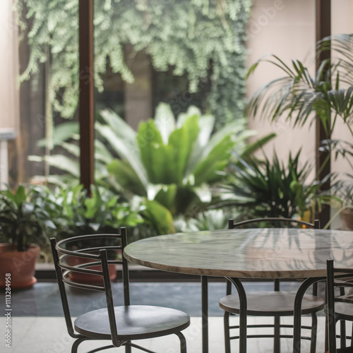  background with marble top on blur big window and fresh garden. Ai generative