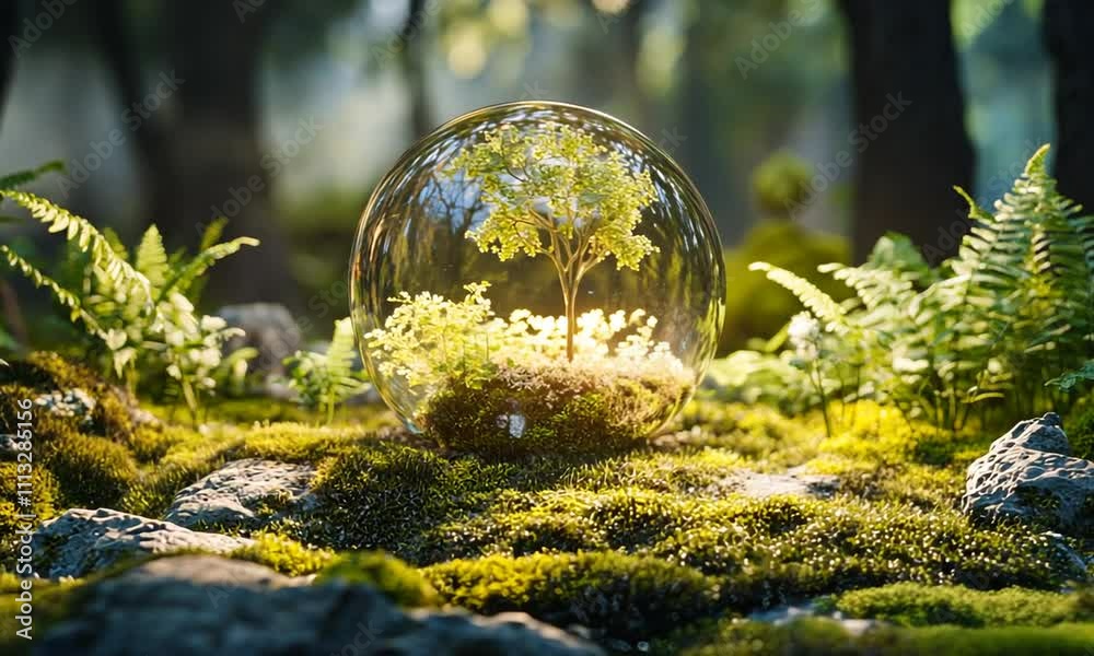 A Tiny World: A delicate sapling, protected by a glass sphere, thrives amidst a lush, mossy forest floor. Sunlight filters through the glass, creating a magical, almost otherworldly aura. A Tiny World: A delicate sapling, protected by a glass sphere, thrives amidst a lush, mossy forest floor. Sunlight filters through the glass, creating a magical, almost otherworldly aura.