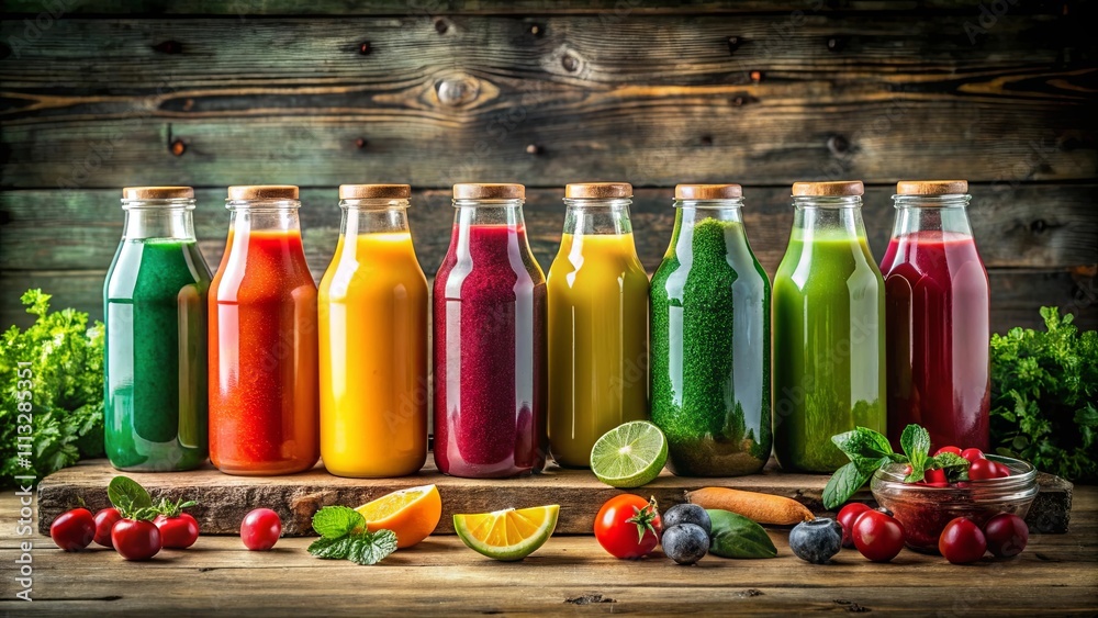 A vibrant row of colorful fruit and vegetable juice bottles on a rustic wooden surface A vibrant row of colorful fruit and vegetable juice bottles on a rustic wooden surface