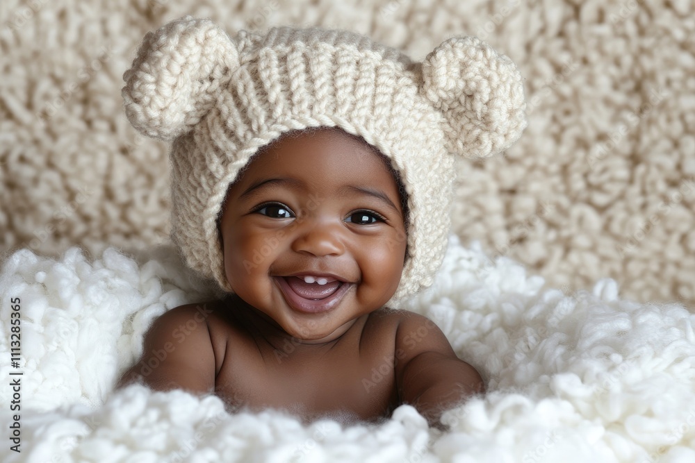 A joyful baby wearing a cute knitted bear hat, smiling amidst soft, fluffy surroundings. A joyful baby wearing a cute knitted bear hat, smiling amidst soft, fluffy surroundings.