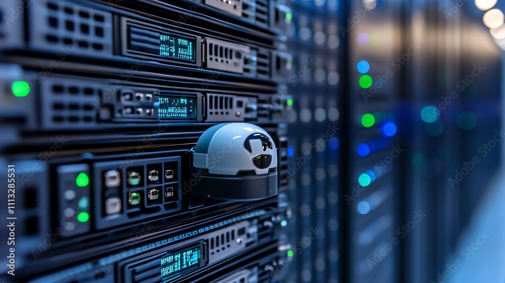 Obraz premium Heat map of a working server array close up, warmth in color, dynamic, Multilayer, data analytics room backdrop