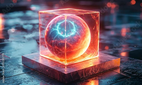 Encapsulated Energy: A luminous blue sphere pulses with energy, encased within a translucent glass cube. The vibrant glow casts a captivating aura, suggesting power, potential.