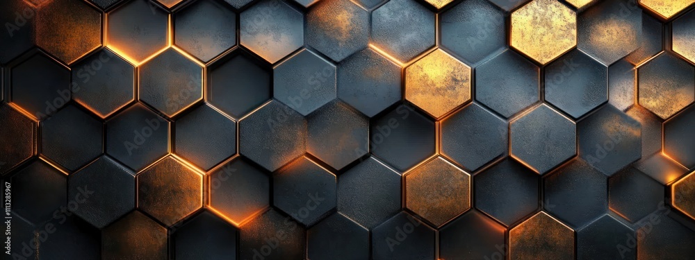 Hexagonal Texture Wall with Metallic Highlights and Dramatic Lighting - Abstract Futuristic Geometric Design Hexagonal Texture Wall with Metallic Highlights and Dramatic Lighting - Abstract Futuristic Geometric Design