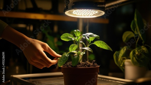 Caring for plants under warm light in a cozy indoor garden during the evening