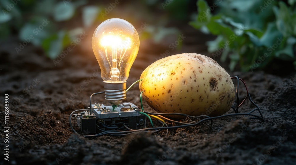 Innovative use of a potato to generate electricity through a light bulb in a garden setting