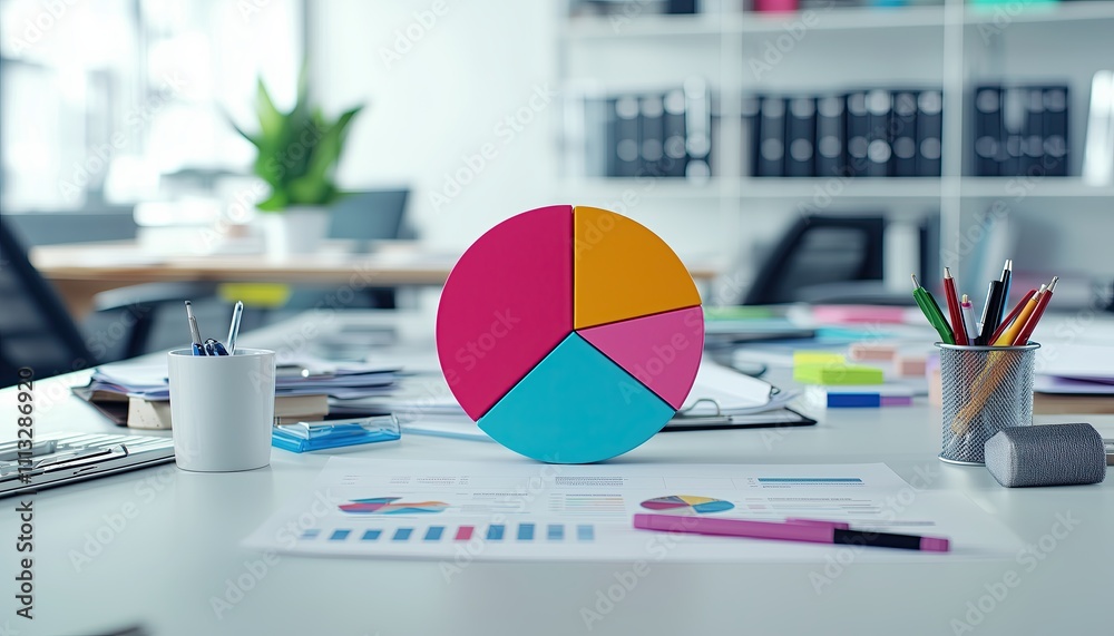 Fototapeta premium Presentation pie chart . A colorful 3D bar graph illustrates financial growth and market trends on a computer screen