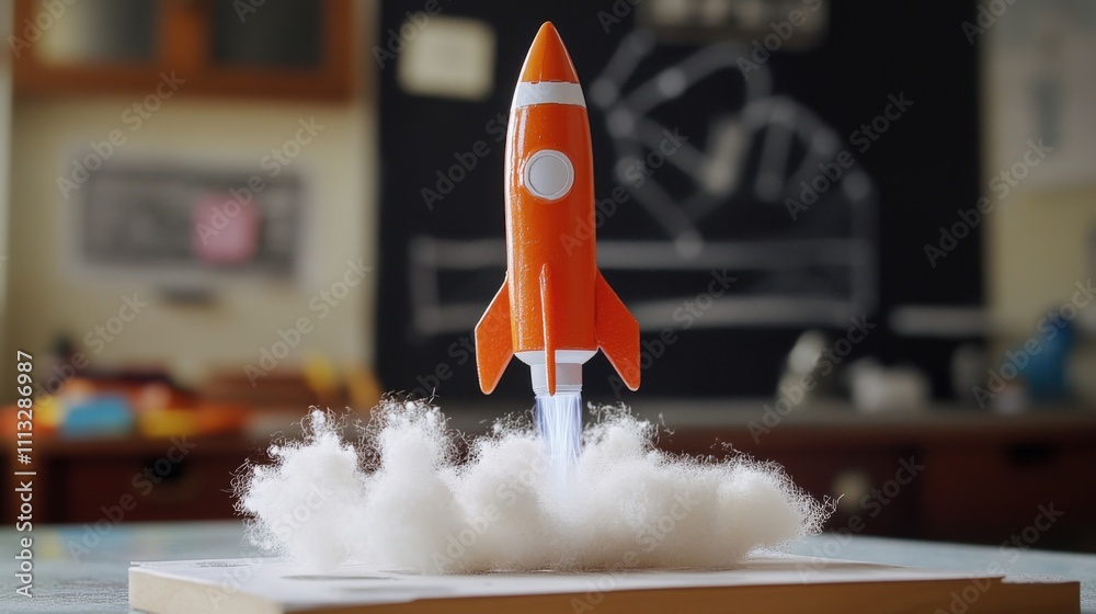 Rocket launch demonstration on a classroom table with smoke effect