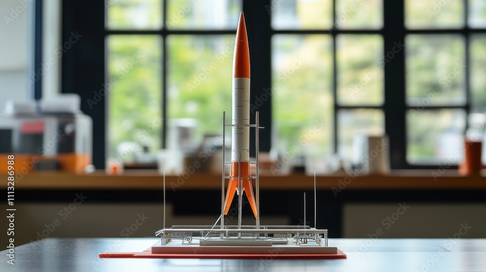 Model rocket displayed on a table in a bright workshop with large windows and tools in the background