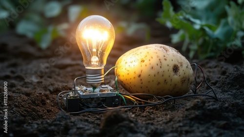 Obraz na płótnie Innovative use of a potato to generate electricity through a light bulb in a garden setting w salonie