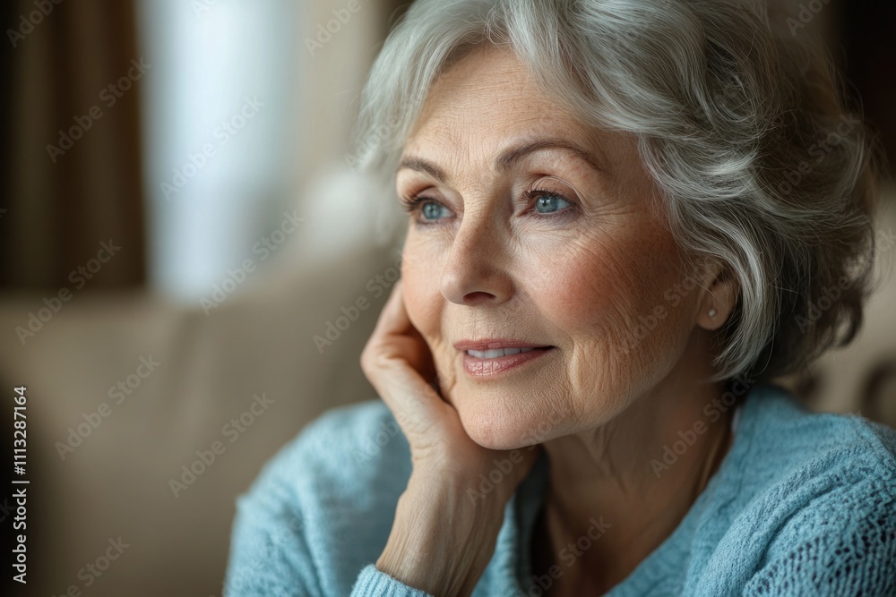 Elderly Woman with Thoughtful Expression Touching Face in Light Blue Shirt Beautiful Smile Bright Skin in Cozy Living Room Elderly Woman with Thoughtful Expression Touching Face in Light Blue Shirt Beautiful Smile Bright Skin in Cozy Living Room