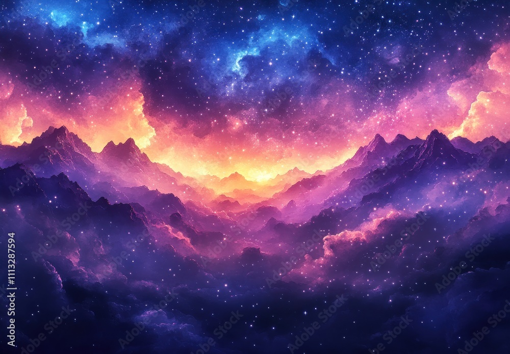 Fototapeta premium Dreamy Cosmic Landscape Watercolor Starry Night Sky Purple Blue