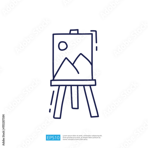 A simple line drawing of an easel displaying a landscape painting featuring mountains and a sun. It represents artistic expression and creativity.