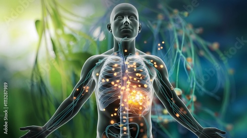 3D illustration of a simulation of the human body when it receives beneficial nutrients, vitamins and energy.