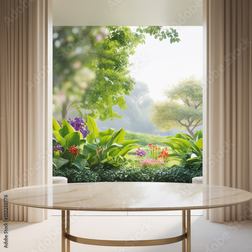  background with marble top on blur big window and fresh garden Ai generation