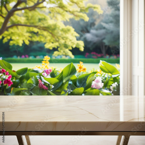  background with marble top on blur big window and fresh garden Ai generation