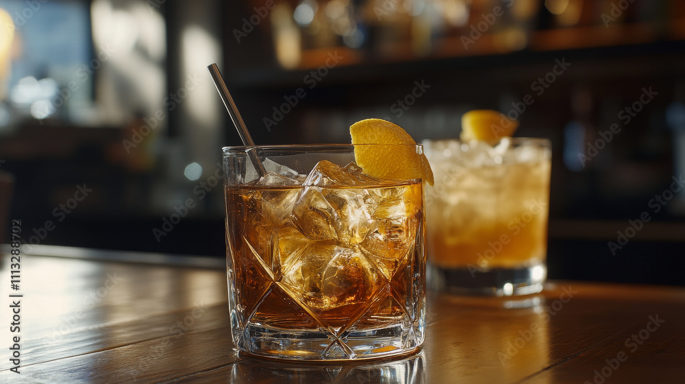 Glass of cool whiskey with ice and bubbles. Glass of clear beverage with straw. Continuous line drawing. Glass of cool whiskey with ice and bubbles. Glass of clear beverage with straw. Continuous line drawing.