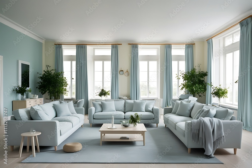 Serene living room with light blue sofas, large windows, and plants. Serene living room with light blue sofas, large windows, and plants.