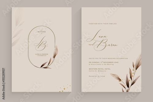 Modern and Simple Weding Invitation Template with Leaves Watercolor