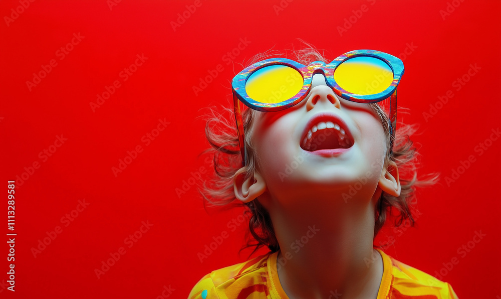 Fototapeta premium Laughing child on colorful, crazy red background, room for text