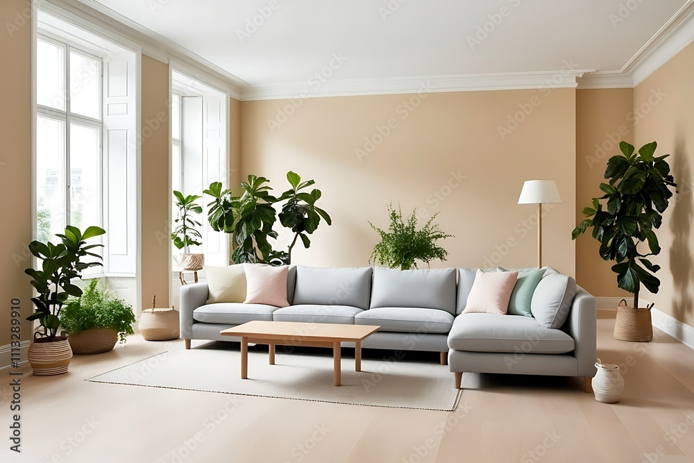 Light grey sectional sofa in modern living room with plants, large windows, and beige walls. Light grey sectional sofa in modern living room with plants, large windows, and beige walls.