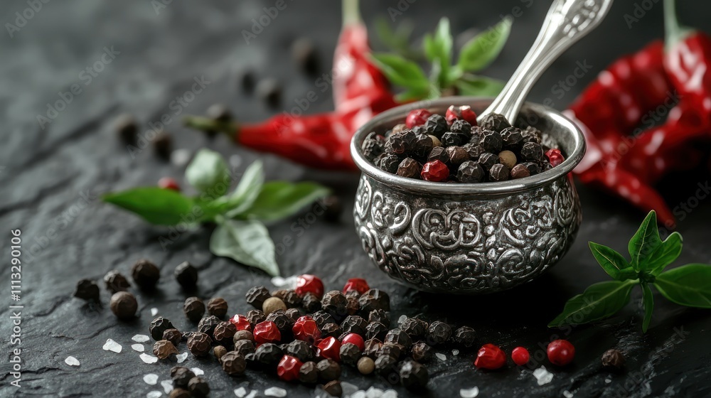 Fototapeta premium Black Peppercorns in a Silver Bowl