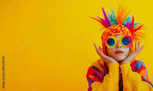 Laughing child on colorful, crazy yellow background, room for text