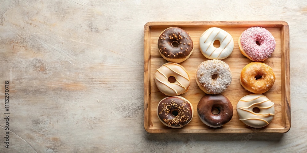 A delectable assortment of nine assorted donuts, arranged neatly on a rustic wooden tray, ready to be enjoyed. A delectable assortment of nine assorted donuts, arranged neatly on a rustic wooden tray, ready to be enjoyed.