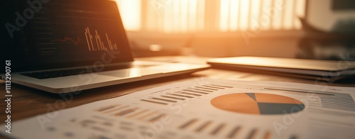 Pie chart on a desk with financial reports and a laptop, warm lighting, Business plan pie chart, analytical workspace