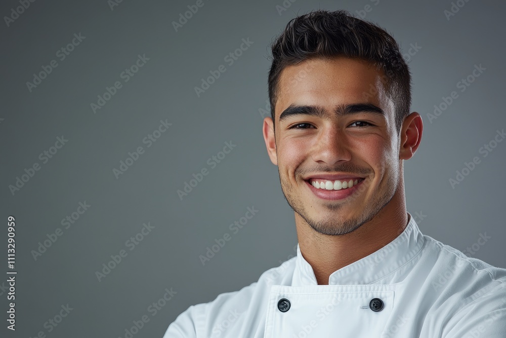 Obraz premium Smiling young male chef in a white uniform posing against a grey studio background.