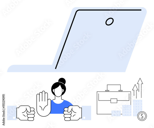 Female figure raising hand, stopping two fists, briefcase with buildings and growth arrows, laptop. Ideal for conflict resolution, female empowerment, business strategy, technology, workplace ethics