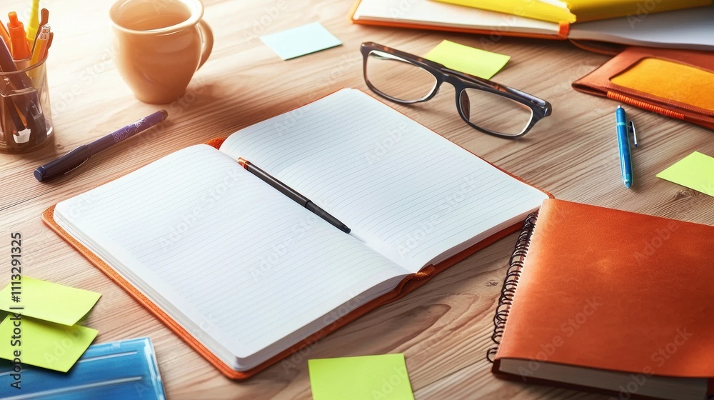 Open Notebook with Pen and Office Supplies on Wooden Desk. Open Notebook with Pen and Office Supplies on Wooden Desk.