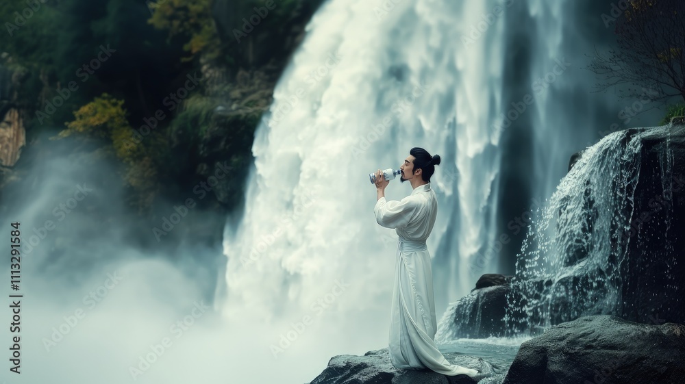 Fototapeta premium Man in traditional Chinese hanfu stands on a rocky cliff drinking water in front of a powerful misty waterfall.