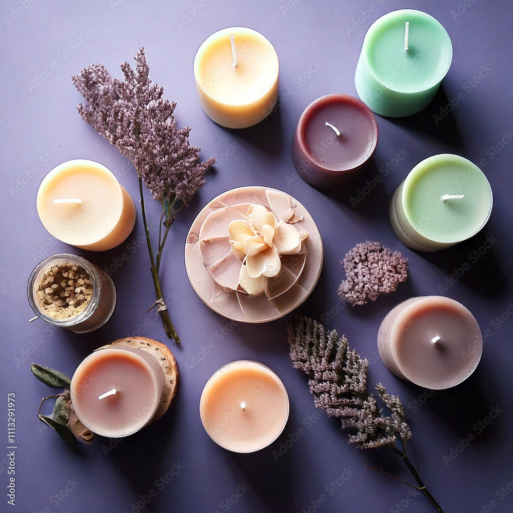 Chic Flat-Lay of Pastel-Colored Candles on Pastel Lavender Background