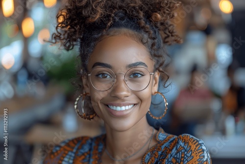 Smiling young businesswoman wearing glasses working on laptop at desk in office, professional female employee using technology for business and learning