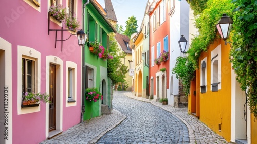 Cobblestone Street with Colorful European Buildings