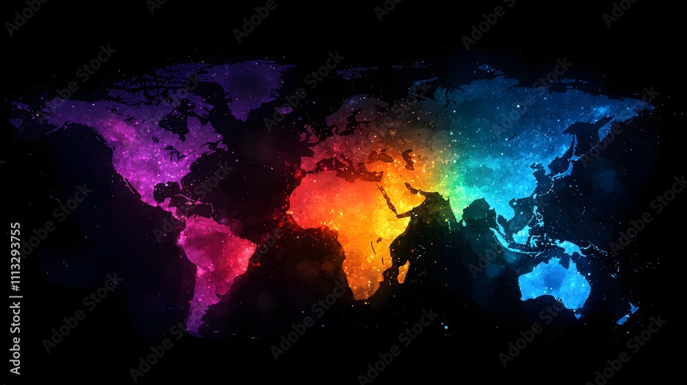 Fototapeta premium A Vibrant, Colorful World Map Highlighting Global Diversity Through Bold, Eye-Catching Colors. Uninterrupted Communication Concept
