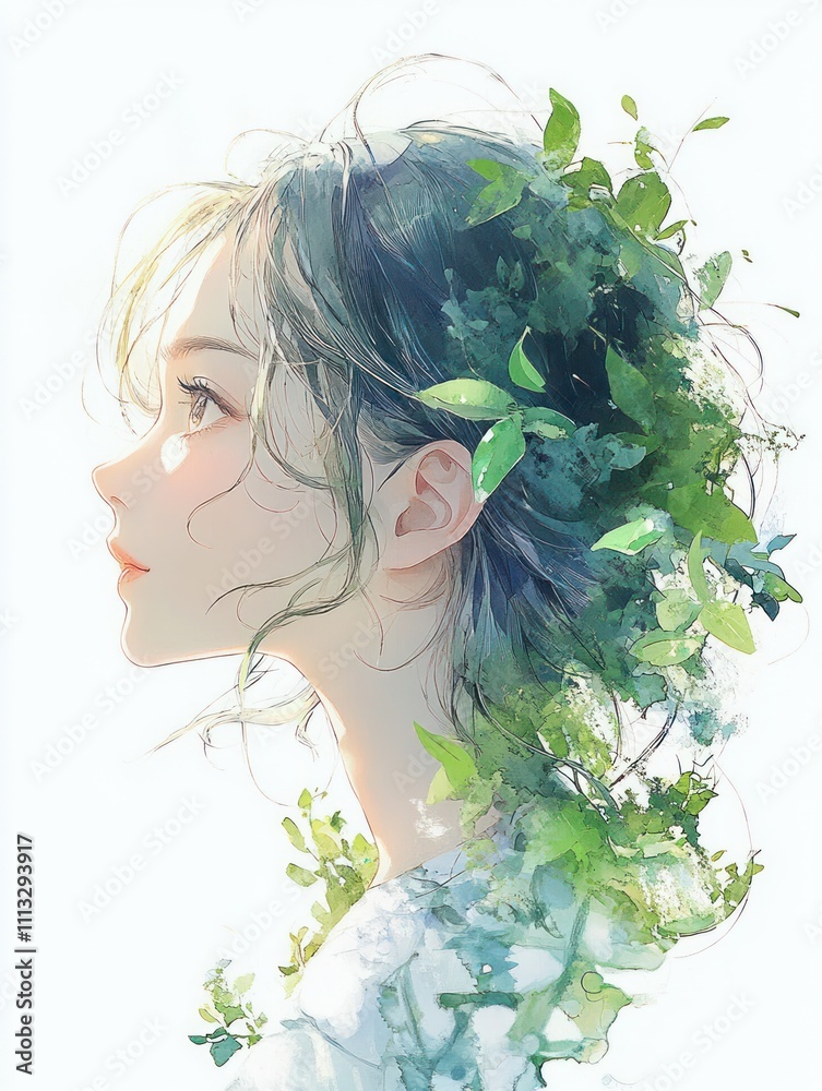 Naklejka premium Ethereal Portrait of a Woman with Green Foliage in Hair in Watercolor Style