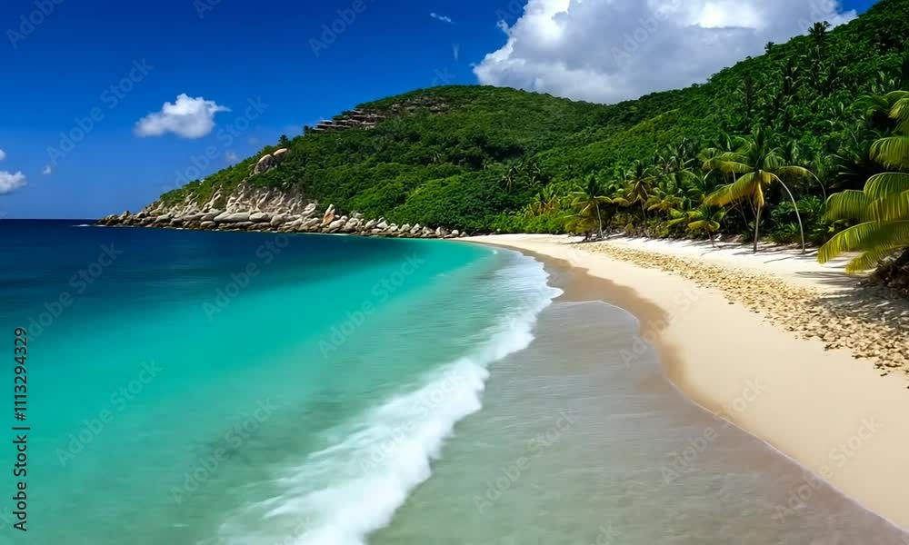 A serene beach scene with turquoise water, sand, and lush greenery under a clear blue sky. A serene beach scene with turquoise water, sand, and lush greenery under a clear blue sky.