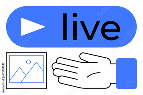 Blue live button with play symbol, hand gesture, and photo icon. Ideal for live streaming, media sharing, online broadcasting, video content creation, tutorials, social media digital communication