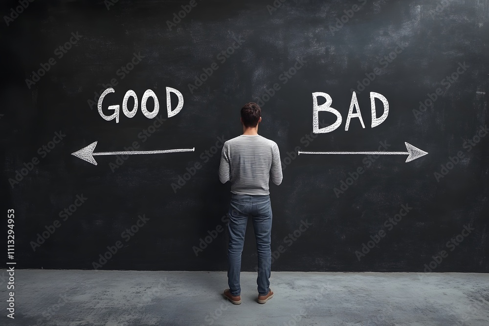 Man Standing in Front of Chalkboard with Good and Bad Decision Arrows Concept Man Standing in Front of Chalkboard with Good and Bad Decision Arrows Concept