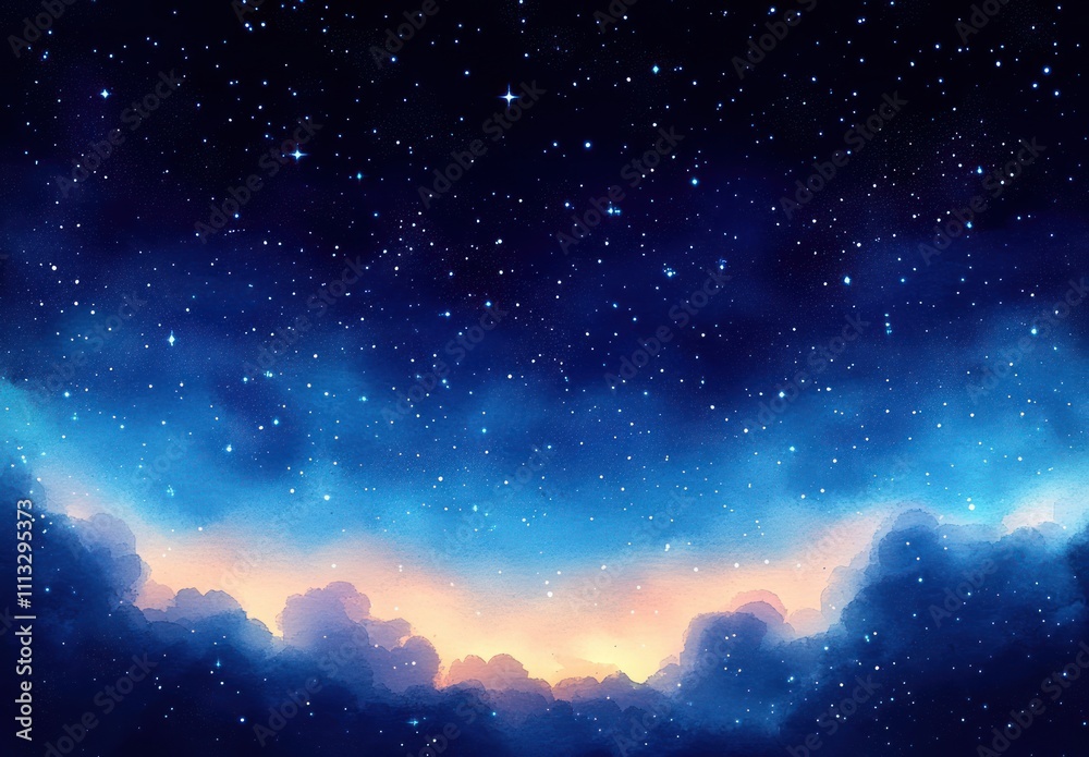 Fototapeta premium Dreamy Watercolor Night Sky with Twinkling Stars and Ethereal Clouds