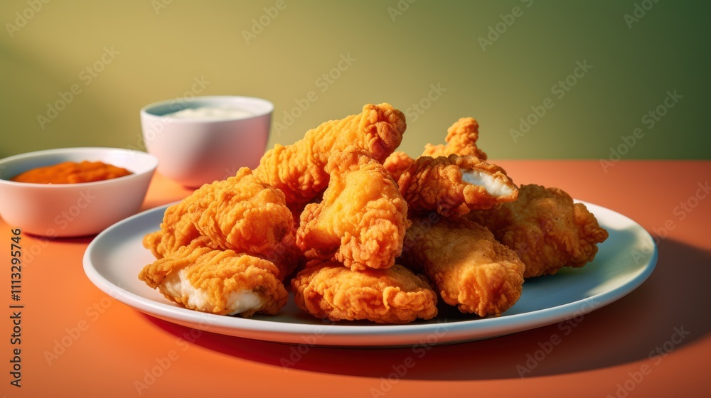 Crispy Chicken Tenders on White Plate with Dips Crispy Chicken Tenders on White Plate with Dips