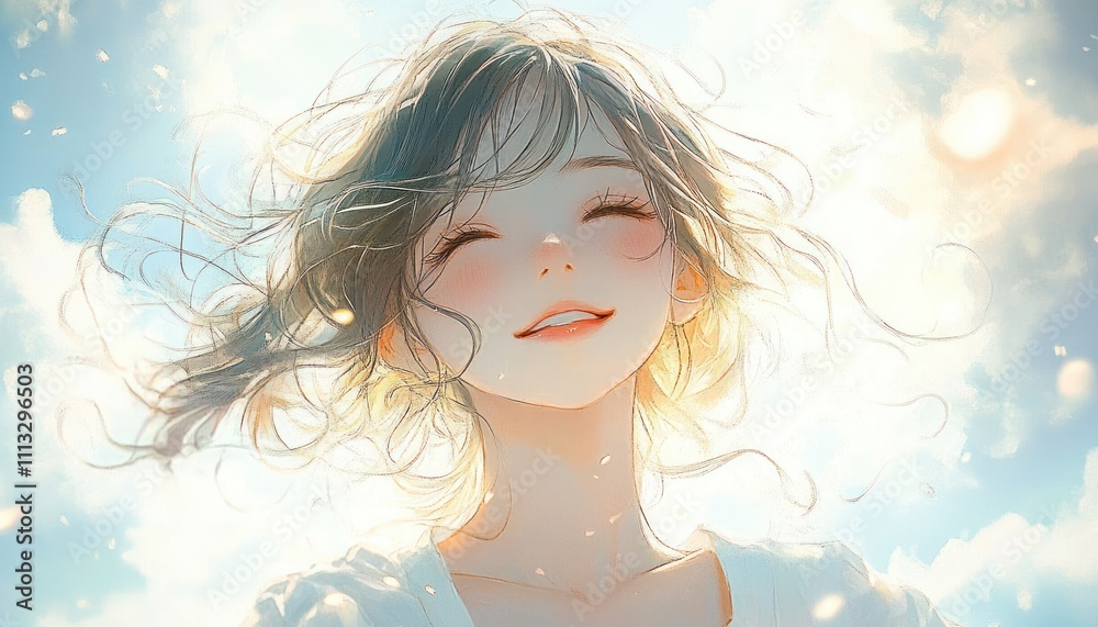 Dreamy Portrait of a Girl with Flowing Hair in Cloudy Sky Background Dreamy Portrait of a Girl with Flowing Hair in Cloudy Sky Background