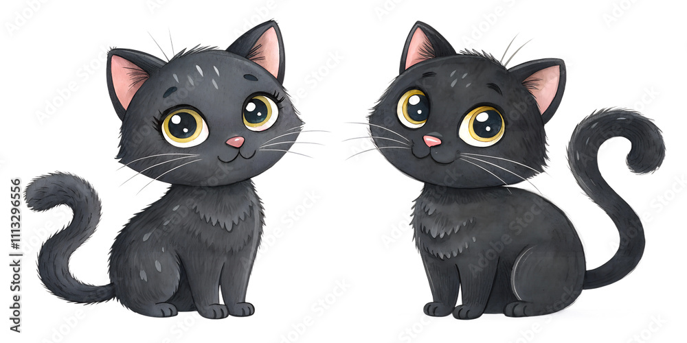 Fototapeta premium black cat watercolor set painting drawing cut out isolated on white background