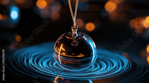Swirling light patterns created by a pendulum in a dark space with glowing orbs